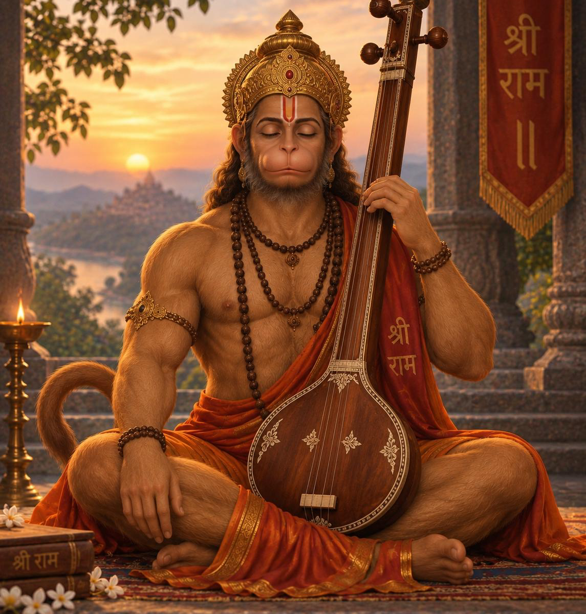 Illustration of Hanuman seated in meditation with a tanpura at sunset