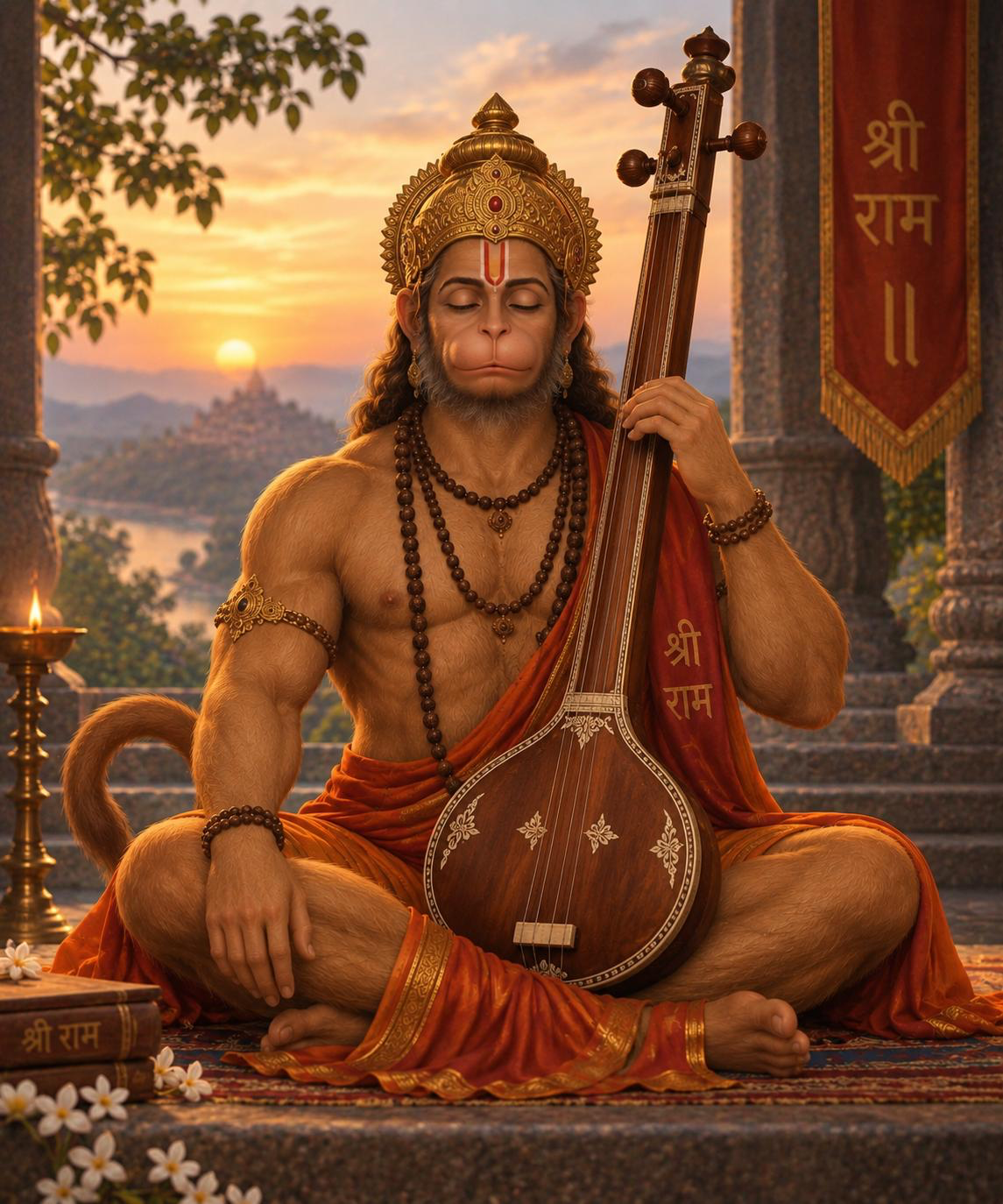 Illustration of Hanuman seated in meditation with a tanpura at sunset